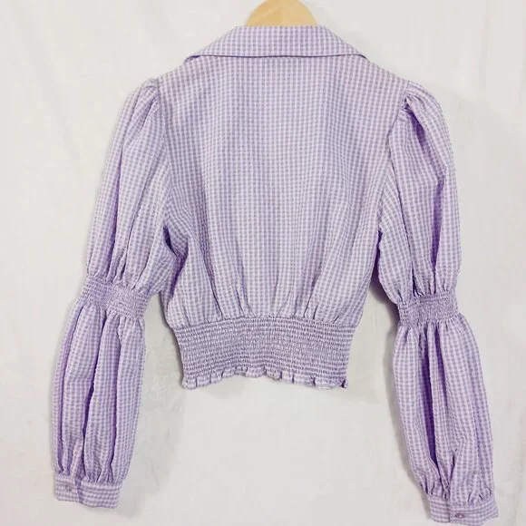 Zara, Lavender & White Gingham Check Crop Top, Long Sleeve, Renaissance, Peasant - Picture 7 of 14